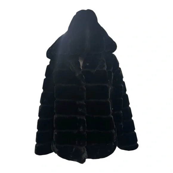 Women’s APPARIS Goldie Black Faux Fur Hooded Short Coat XS Chic Grunge Cozy - Picture 9 of 16